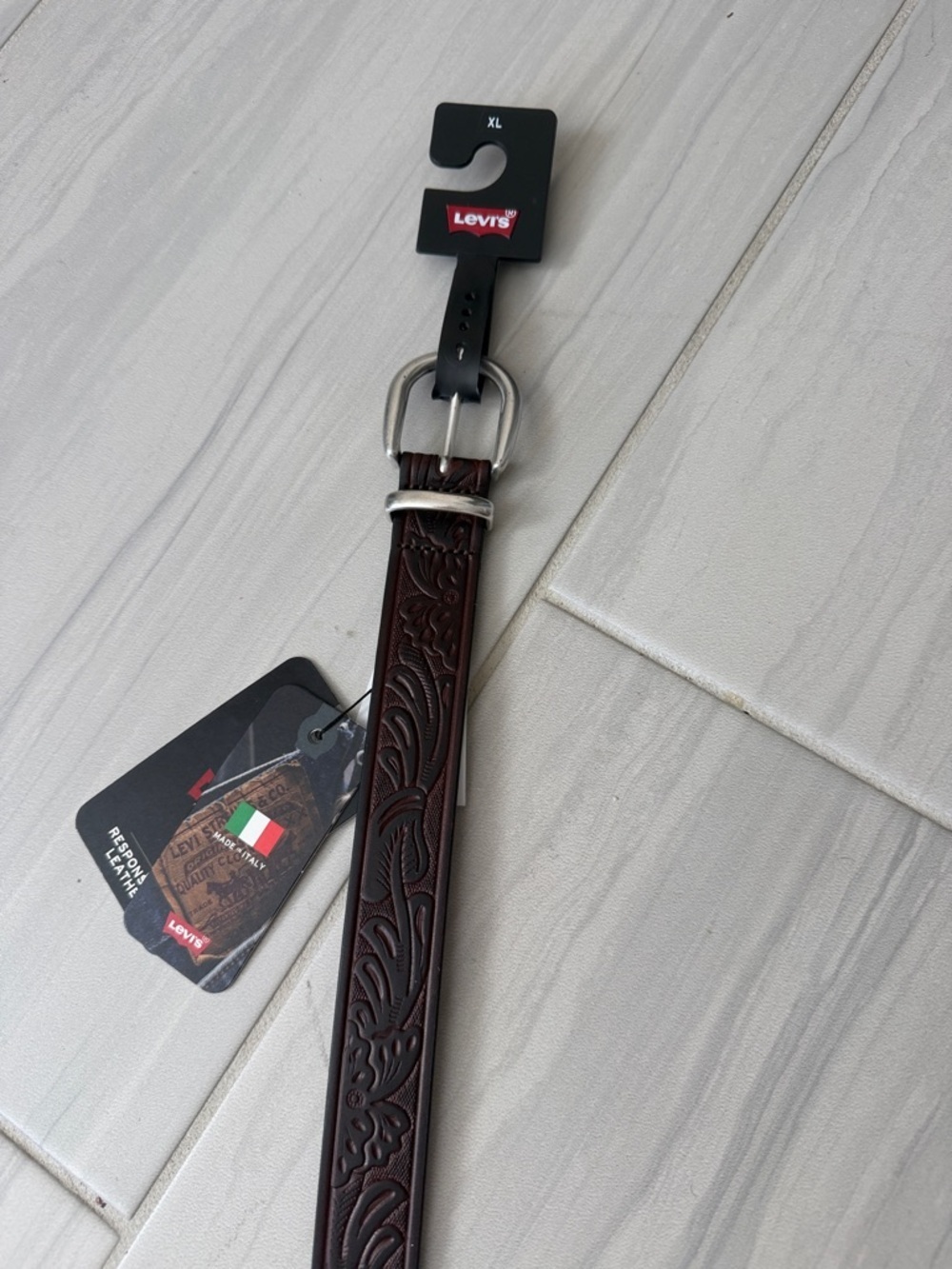 Levi's Dark Brown Tooled Leather Belt with Silver Buckle